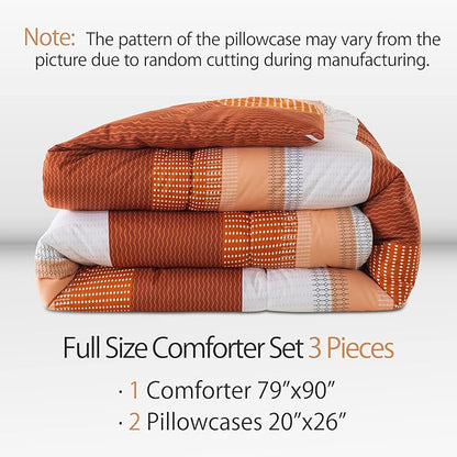 Andency Stripe Comforter Set Full Size (79x90 Inch), 3 Pieces Terracotta Patchwork Striped Comforter, Soft Microfiber Down Alternative Comforter Bedding Set with Corner Loops