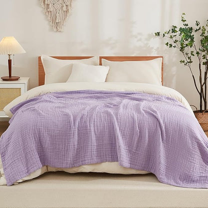 EMME Cotton Twin Blanket for Couch Soft Airy Muslin Bed Blankets Lightweight Breathable All Season Gauze, Lavender 60"x80"