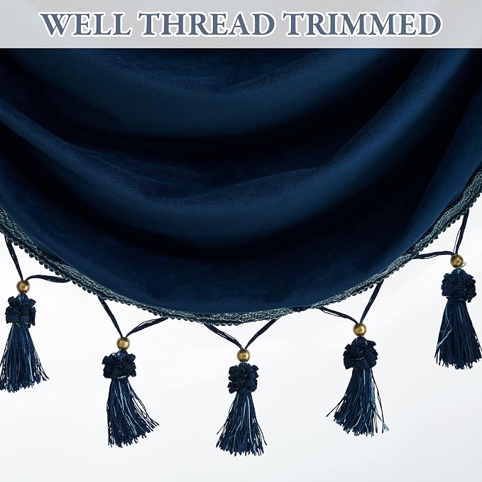 Navy Blue Velvet Waterfall Valances W39 inches, 1 Panel | Classic Valance Curtains for Bay Window, Kitchen, Victorian Match Curtains for Backdrops, Rod Pocket
