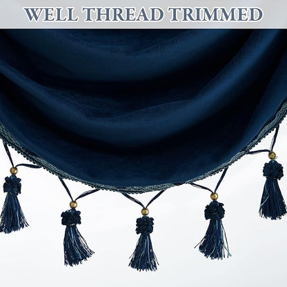 Navy Blue Velvet Waterfall Valances W39 inches, 1 Panel | Classic Valance Curtains for Bay Window, Kitchen, Victorian Match Curtains for Backdrops, Rod Pocket