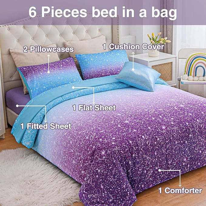 A Nice Night Girls Comforter Set Full Size 6 Piece Bed in A Bag 3D Colorful Sparkle Galaxy Rainbow Bedding Comforter Sheet Sets for Kids,BluePurple