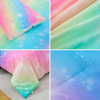 Glitter Galaxy Comforter Set 6 Pcs Bed in A Bag, Ombre Pink Blue Rainbow Girls Full Size Bedding Sets with Sheets