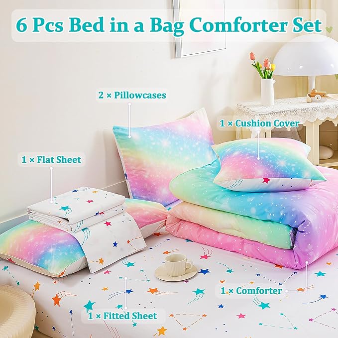 6 Pcs Bed in A Bag Glitter Galaxy Comforter Set Twin Size, Ombre Pink Rainbow Bedding Sets with Sheets for Girls
