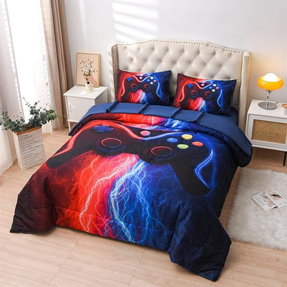 Meeting Story Gamer Gaming Bedding Sets Red Blue Lightnings Gamepad Comforter Set for Boys Games Console Action Buttons Novelty Colorful Modern Room Decor Home Quilt Set (Red-Blue, Full 5Pcs)