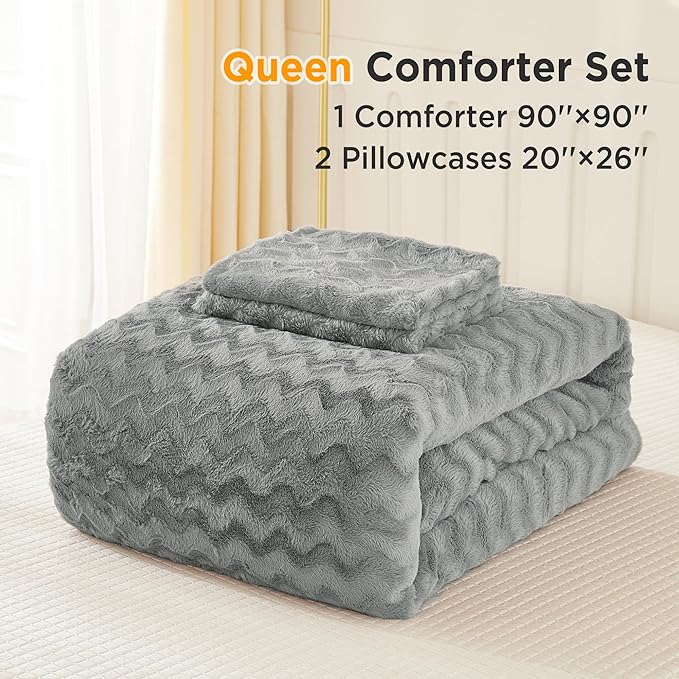 Andency Grey Fleece Comforter Set Queen Size, 3 Pieces Fuzzy Fluffy Faux Fur Bedding Comforter Set for Queen Bed, Warm Plush Shaggy Sherpa Bed Set for Women Man