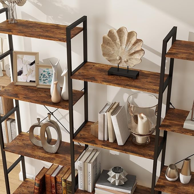 Panana Triple 4 tier bookshelf, Industrial Bookcase with 11 Open Display Shelves Wide Book Shelf Book Case with Metal Frame for Living Room Home Office (Brown)