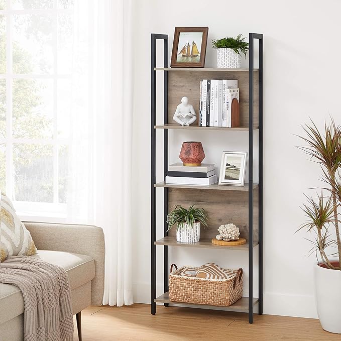 VASAGLE 5-Tier Bookshelf, Book Shelf, Industrial Bookcase, with Steel Frame, for Living Room, Home Office, Bedroom, 9.4 x 24.4 x 65 Inches, Greige and Black ULLS025B02