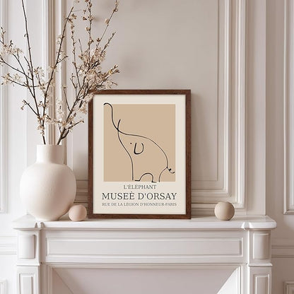 Poster Master Vintage Poster - Retro Minimalist Print - Gift for Artist, Housewarming - Elephant, Line Drawing, Sketch, Abstract - Wall Decor for Living Room, Bedroom, 8x10 Brown Framed