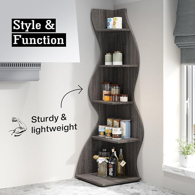 Small Corner Shelf, Modern 5-Tier Wall Corner Bookshelf, Stylish Bookcase Storage Rack for Small Space,Living Room. Bedroom