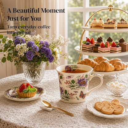 DOWAN 14 OZ Tea Cup & Saucer Set, Floral Mug with Lid, Ceramic Cappuccino/Latte Mug for Women, One Set