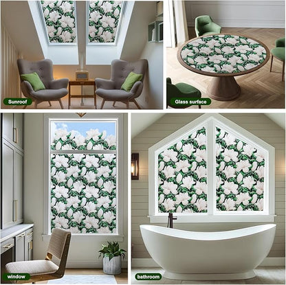Window Privacy Film Stained Glass Decorative Static Clings Frosted Window Tint for Home Room Decor Bathroom Door Car Stickers with Glittering Effect, Removable(Magnolia Design)