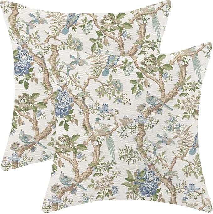 CXMEIFLY Chinoiserie Spring Pillow Covers 20 x 20 Inch Set of 2 for Blue Sage Green Vintage Flowers Bird Decor Throw Pillows Plant Farmhouse Outdoor Decorative Cushion Cases for Couch Bed Decorations