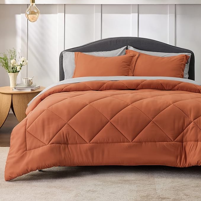 Bedsure Burnt Orange Queen Comforter Set - 7 Pieces Reversible Queen Bed in a Bag Queen Bed Set with Comforters, Sheets, Pillowcases & Shams, Queen Bedding Sets