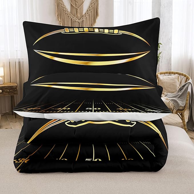 Bodhi Boys Comforter Twin, Black and Gold Football Bedding Set, Machine Washable, 2 Pieces