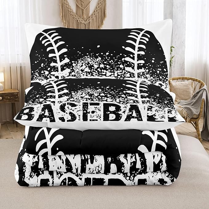 Bodhi Black and White Comforter Set,Sports Bedding Set for Boys Kids,Boys Baseball Bedding Full Size,Kids Comforter Set with Pillowcases,Teen Boys Bedding Set Full Size