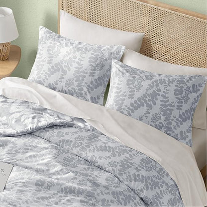 Codi Gray Floral Comforter Set King Size, Botanical Bedding Sets | Nature Style, Unique Reversible Design, Better for Spring and Summer | Leaf Print 3 Pieces