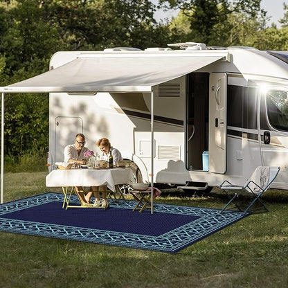 GENIMO Outdoor Rug Waterproof 6'x9' for Patio, Foldable Reversible Plastic Straw Carpet, Outside Area Mat for Patios, Rv, Deck, Picnic, Porch, Camper, Balcony, Beach, Navy Blue & Jade Green