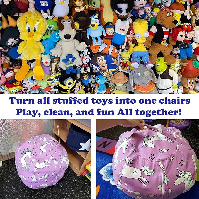 2-Pack Stuffed Animal Storage Bean Bag Chairs Toy Storage Organizer Bean Bags Chair Covers Only for Kids 24" Beanbag with Zipper for Organizing Kid's and Adults Room, Pink White Unicorn