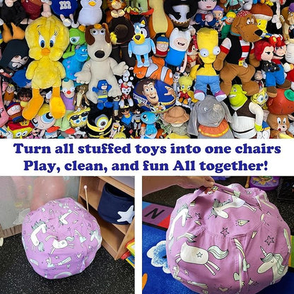 2-Pack Stuffed Animal Storage Bean Bag Chairs Toy Storage Organizer Bean Bags Chair Covers Only for Kids 24" Beanbag with Zipper for Organizing Kid's and Adults Room, Pink White Unicorn