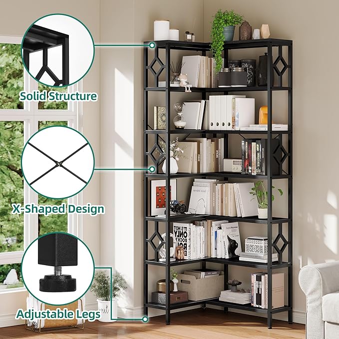 YITAHOME 7 Tier Corner Bookshelf Reversible Bookcase, Tall Bookshelf Display Rack Shelf with Metal Frame for Living Room, Bedroom, Home Office, Black