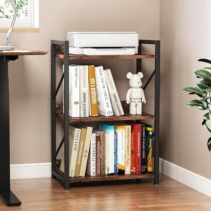 Small Bookshelf for Small Spaces, 3 Tier Bookcase, Narrow Gold Book Shelf, Small Shelf Open Display Rack for Bedroom, Living Room, Home Office,Rustic Brown