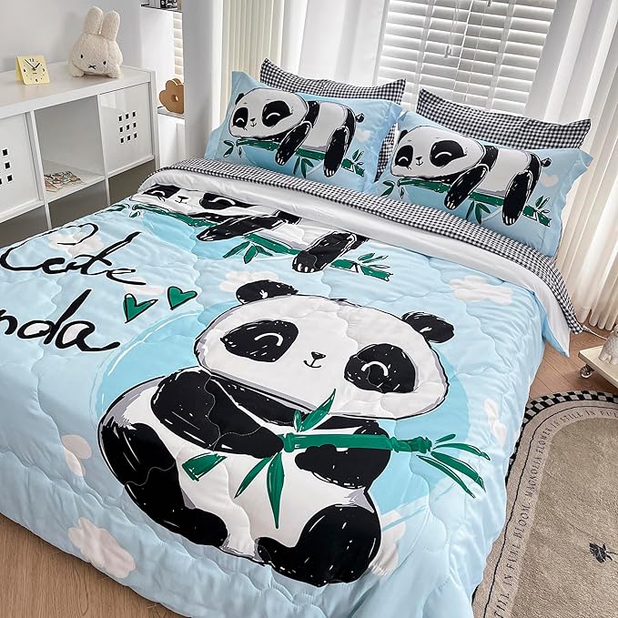 Wajade Kids Panda Comforter Set Bed in A Bag Full Size 7 Piece Blue 3D Cute Panda Bamboo Clouds Bedding Set for Girls Boys (1 Comforter, 1 Flat Sheet, 1 Fitted Sheet, 2 Pillowcase and 2 Pillow Sham)