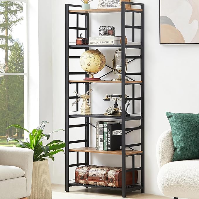 HOMBAZAAR Bookshelf,6 Tier Tall Bookshelf with Metal Frame,Open Bookshelves and Bookcases,Industrial Book Shelf for Living Room,Home Office and Bedroom,Rustic Brown