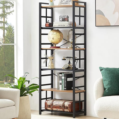 HOMBAZAAR Bookshelf,6 Tier Tall Bookshelf with Metal Frame,Open Bookshelves and Bookcases,Industrial Book Shelf for Living Room,Home Office and Bedroom,Rustic Brown