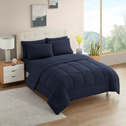 Dorm Room Essentials College Bedding Comforter Set 7 Piece Full Size Bed in a Bag for College Students Boys and Girls, Full, Navy Blue