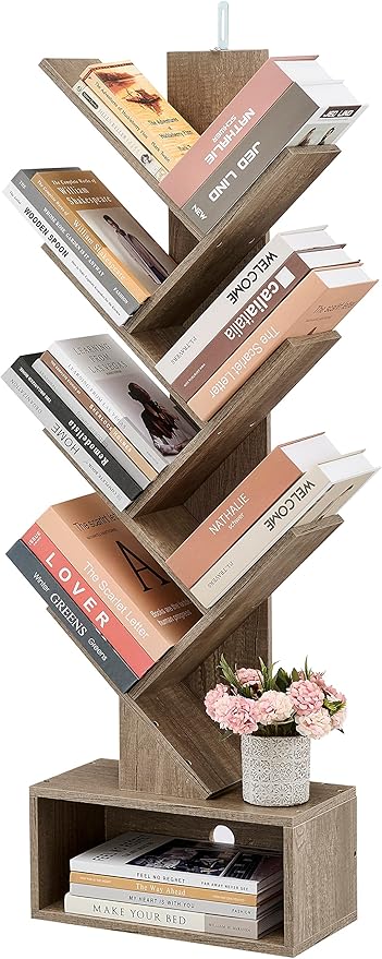 Hoctieon 6 Tier Tree Bookshelf, Tall Bookcase with Drawer, Freestanding Book shelf, Display Floor Standing Storage Shelf, Book Organizer Shelves for Home Office, Living Room, Bedroom, Greige