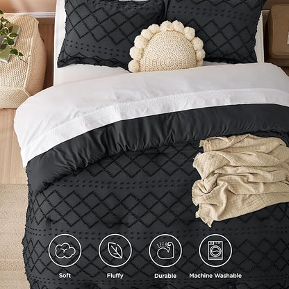 Bedsure Queen Comforter Set - Black Comforter, Boho Tufted Shabby Chic Bedding Comforter Set, 3 Pieces Vintage Farmhouse Bed Set for All Seasons, Fluffy Soft Bedding Set with 2 Pillow Shams