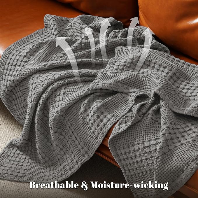 PHF 100% Cotton Waffle Weave Blanket Queen Size, Soft Lightweight Breathable Cozy Summer Blankets for Bed, Luxury Aesthetic Woven Bedding for Home Decor, 90"x90", Dark Grey