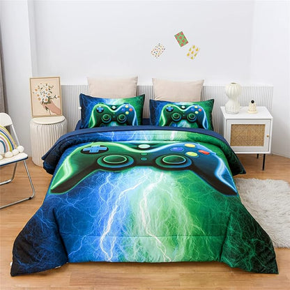 Meeting Story Gamer Gaming Bedding Sets Red Blue Lightnings Gamepad Comforter Set for Boys Games Console Action Buttons Novelty Colorful Modern Room Decor Home Quilt Set (Blue-Green, Full 5Pcs)