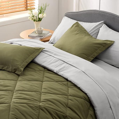 Bedsure Olive Green Twin Comforter Set - 5 Pieces Reversible Twin Bed in a Bag, Extra Long Twin Bed Set with Comforters, Sheets, Pillowcase & Sham, Twin Bedding Sets for College