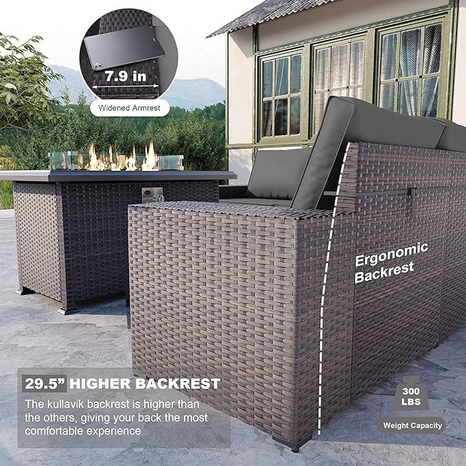 Kullavik 10PCS Outdoor Patio Furniture Set,PE Wicker Rattan Sectional Sofa Patio Conversation Sets with 43" 55000BTU Gas Propane Fire Pit Table,Swivel Rocking Chairs Set,Grey