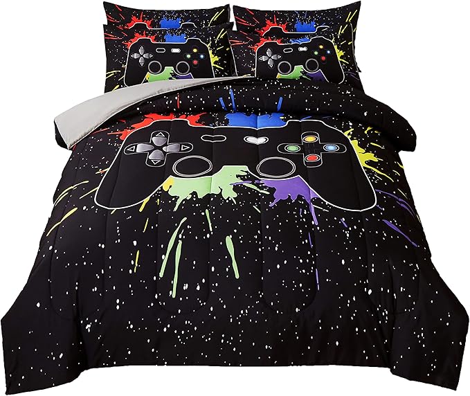 Gamer Comforter Sets Full Size for Boys Teen,Game Controller Colorful Comforter with 2 Pillowcases,Soft Microfiber Video Gaming 3 Piece Bedding Set for Game Lovers,All Season(Black,Full)
