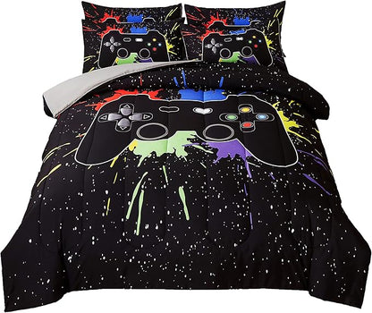 Gamer Comforter Sets Queen Size for Boys Teen,Game Controller Colorful Comforter with 2 Pillowcases, 3 Piece Video Gaming Bedding Set for Game Lovers,All Season(Black,Queen)