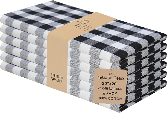 Urban Villa Cloth Napkins Cotton 20x20 (Set of 6) Black Cheks