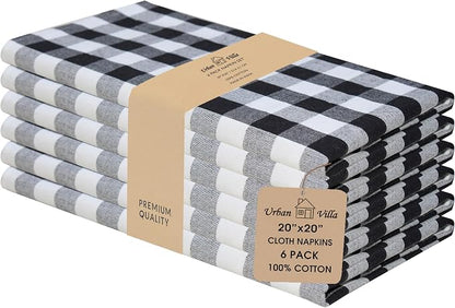 Urban Villa Cloth Napkins Cotton 20x20 (Set of 6) Black Cheks