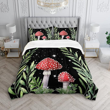 Galaxy Mushroom Comforter Set Queen Size Kids Mushroom Bedding Set Leaves Quilt Bed Set for Boys Girls Adults with 1 Comforter and 2 Pillowcases