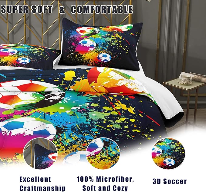 Bodhi Boys Teen Comforter Set Queen,Soccer Comforter Set Queen,Boys Sports Comforter Set Queen,Rainbow Graffiti Football Bedding Set for Boys,Kids,Teens with Matching Pillowcases