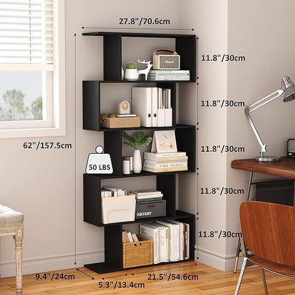 Yusong Bookshelf 5-Tier, Geometric Bookcase S Shaped Book Shelves for Bedroom, Modern Wood Decorative Display Shelf Book Case for Home Office, Black