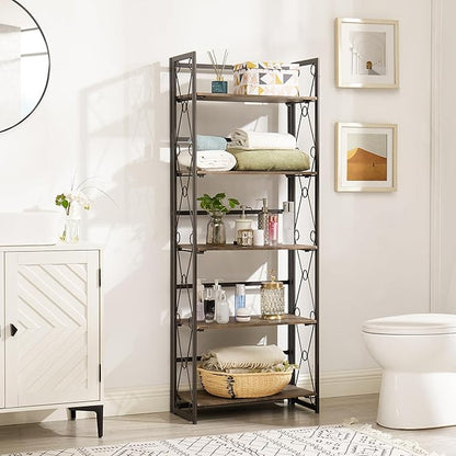 VECELO Folding Bookshelf, 5-Tier Bookcase Foldable, Industrial Tall Book Shelf Storage Organizer with Collapsible Metal Frame for Living Room/Home Office,Light Brown,1 Set