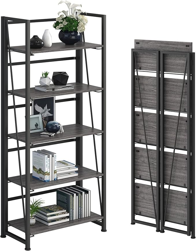 No-Assembly Folding Bookshelf Storage Shelves 5 Tiers Vintage Multifunctional Plant Flower Stand Storage Rack Shelves Bookcase for Home Office (Gray and Black)