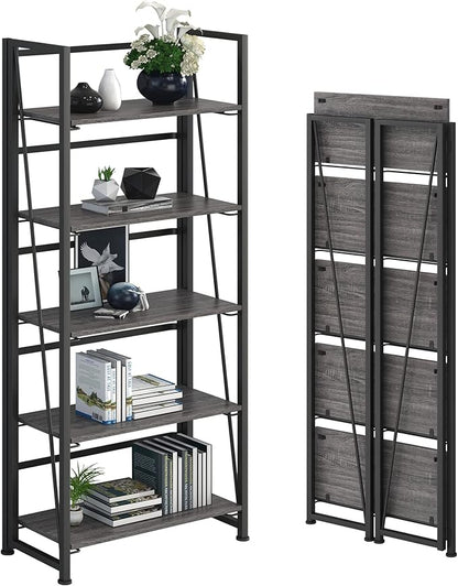 No-Assembly Folding Bookshelf Storage Shelves 5 Tiers Vintage Multifunctional Plant Flower Stand Storage Rack Shelves Bookcase for Home Office (Gray and Black)