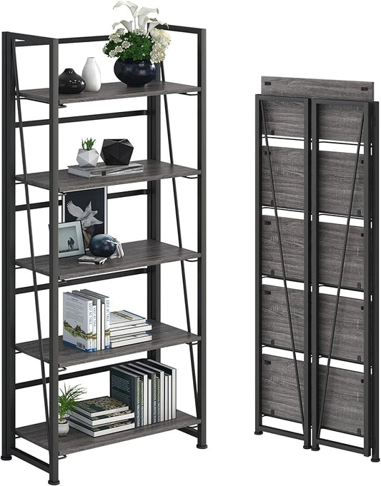 No-Assembly Folding Bookshelf Storage Shelves 5 Tiers Vintage Multifunctional Plant Flower Stand Storage Rack Shelves Bookcase for Home Office (Gray and Black)