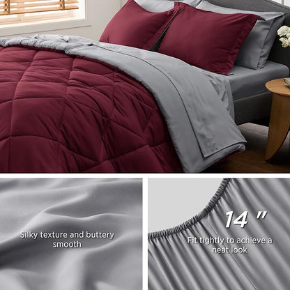 Bedsure Burgundy King Size Comforter Set - 7 Pieces Reversible King Bed in a Bag King Bed Set with Comforters, Sheets, Pillowcases & Shams, King Bedding Sets