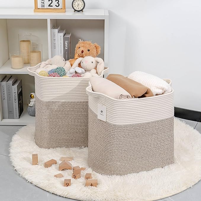 Toy Storage Baskets for Clothes Fabric Cotton Rope Storage Basket with Handles, Decorative Woven Basket for Living Room,Closet Organizer Blankets, and Toys (White Brown 2bags)
