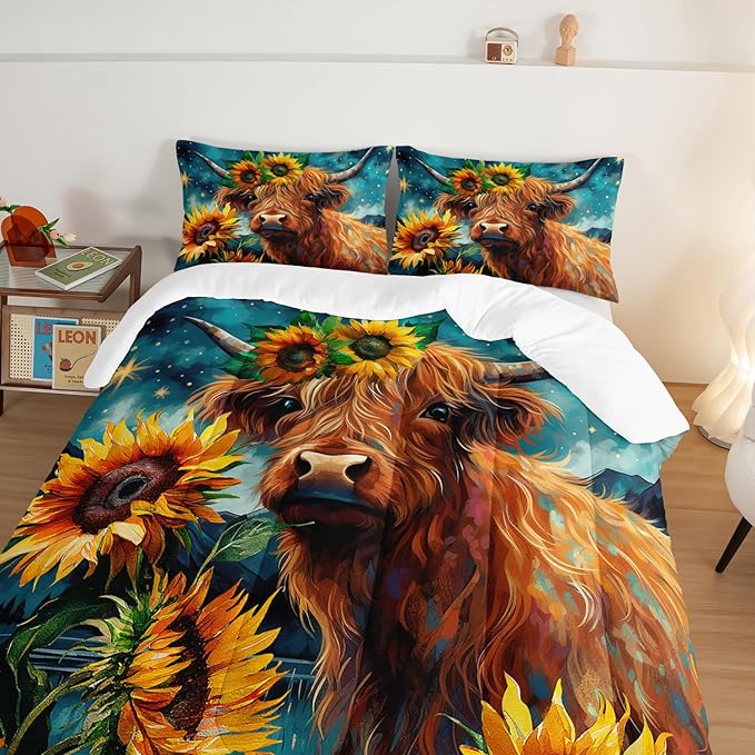 HOSIMA Highland Cow Comforter Set,Western Farmhouse Animals Cow and Sunflower Print Bedding Set 3Pcs with 2 Pillowcases,Galaxy Star Moon Comforter,Floral Comforter Twin Bed in a Bag.