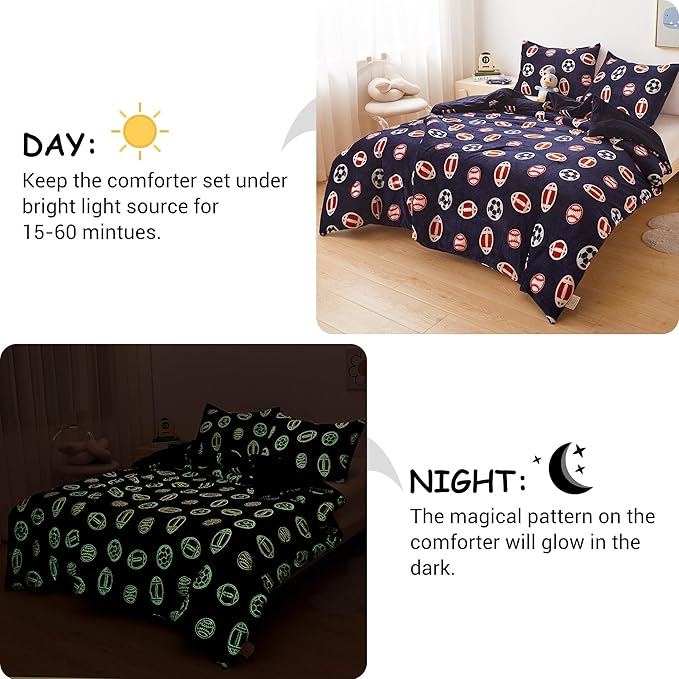 Mooreeke Glow in The Dark Twin Plush Fleece Comforter Bed Set, Soft & Warm 2 Piece Bed in A Bag with Sham, Velour Velvet Football Basketball Soccer Rugby Boys Kids Bedding Set, Fluffy Fuzzy Polar Cozy